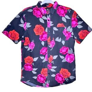 Hollister Hawaiian Floral Roses Vacation Preppy Festival Shirt Medium Stretch